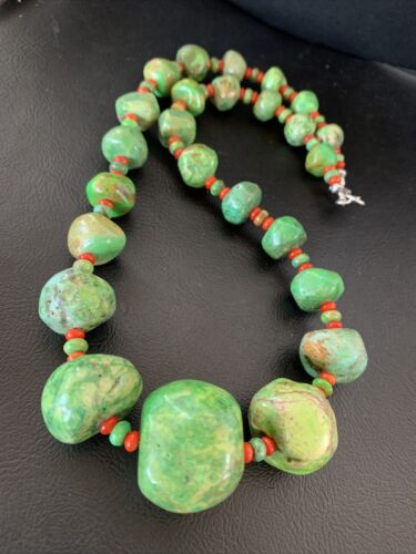Southwestern Chunky Green Turquoise & Coral Necklace | Sterling Silver | Authentic Native American | 18" | 01843
