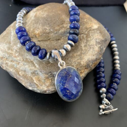 Navajo Sterling Silver Bead Necklace | Lapis Lazuli Faceted Pendant | Authentic Native American Handmade | 11367