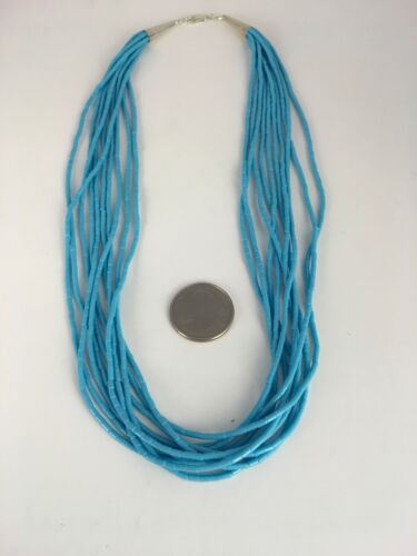 Native American Blue Turquoise Heishi Necklace | 10 Strand | Sterling Silver | 19" | 8872 - Masha USA