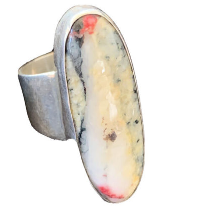 Southwestern Navajo Cinnabrite Ring | White Black | Sterling Silver | Sz 7.5 | 1558