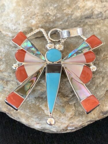 Zuni Turquoise Coral Mother of Pearl Butterfly Necklace Pin Pendant | Inlay | Sterling Silver Inlay | 1369