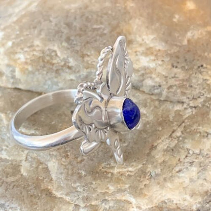Navajo Navy Blue Lapis Butterfly Ring | Sterling Silver | Sz Adj 8 | Authentic Native American Handmade | 10352