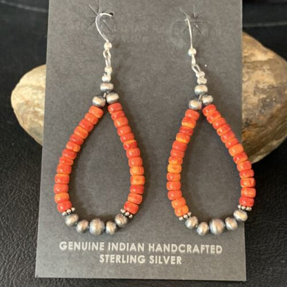 Navajo Red Spiny Oyster Hoop Earrings | Sterling Silver | Authentic Native American Handmade | 13499