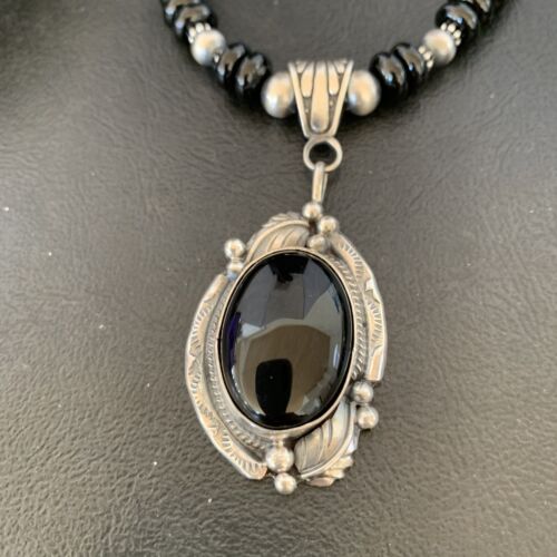 Native American Men's Navajo Pearl Necklace Pendant | Sterling Silver Black Onyx | 10805