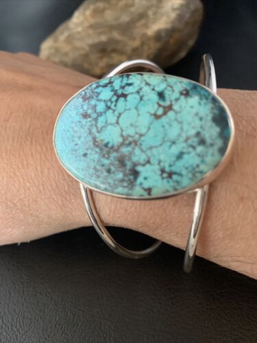 Women's Sterling Silver Blue Kingman Turquoise Cuff Bracelet | Authentic Native American Handmade | 14066
