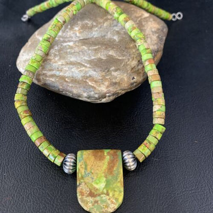 Navajo Green Gaspeite Turquoise Pendant | Sterling Silver | Authentic Native American Handmade | 13914 - Masha USA