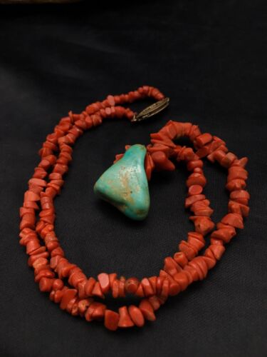 Native American Turquoise and Coral Pendant Necklace | Brass Old Pawn | 19" | 4007