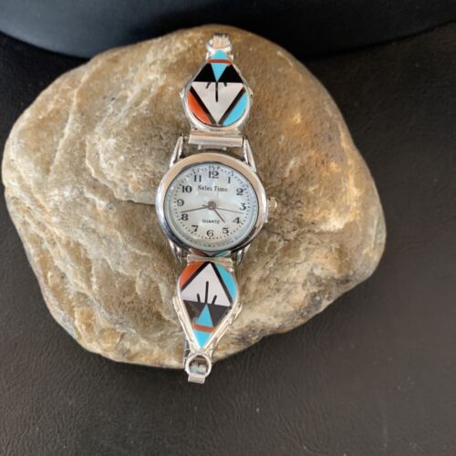 Authentic Native American Zuni Sterling Silver Watch Tips | Onyx, Coral, Turquoise Inlay | Women's | 11577
