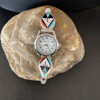Authentic Native American Zuni Sterling Silver Watch Tips | Onyx, Coral, Turquoise Inlay | Women's | 11577