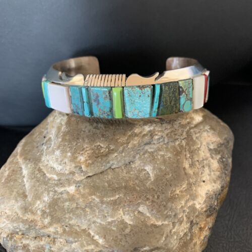 Men's Navajo Turquoise Spiny Coral Inlay Bracelet | Sterling Silver | Authentic Native American Handmade | 12693