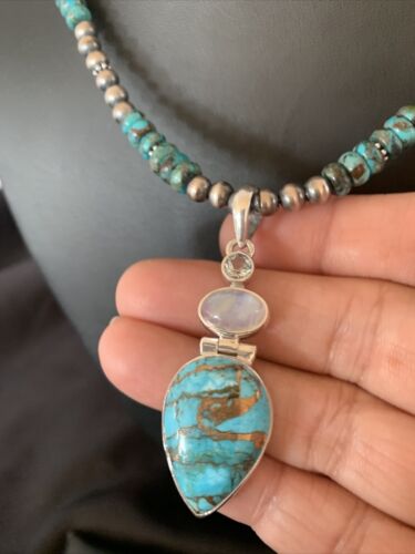 Navajo Pearls Necklace with Blue Mojave Turquoise Moon Pendant | Authentic Native American Sterling Silver | Multi-Stone | 11912