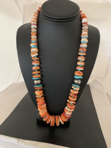 Navajo Pearls, Orange Spiny Oyster & Turquoise Necklace | Sterling Silver | Authentic Native American | 24"