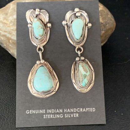 Navajo Blue Dry Creek Turquoise Post Dangle Earrings | Sterling Silver | Authentic Native American Handmade | 13877 - Masha USA