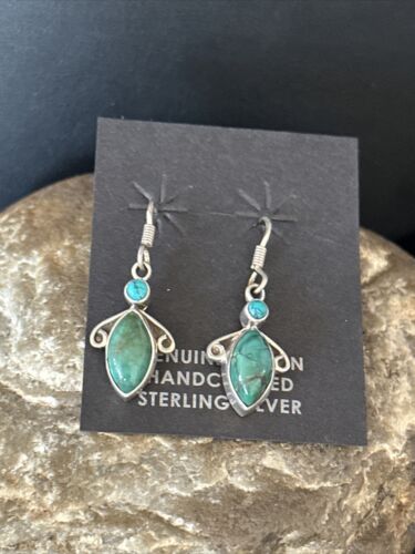 Navajo Blue Turquoise Dangle Earrings | Sterling Silver | 1" | Authentic Native American Handmade | 14773