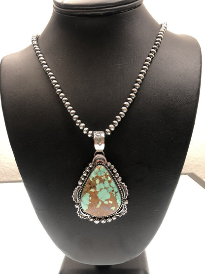 Navajo Pearls Necklace with Blue Turquoise #8 Pendant | Sterling Silver | Native American Handmade | 11294