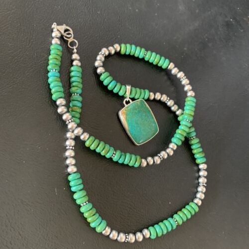 Navajo Green Turquoise Pendant Necklace | Sterling Silver Beads | Authentic Native American Handmade | 13305