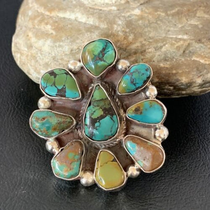 Navajo Green Turquoise Multi-Stone Cluster Ring | Authentic Native American Sterling Silver | Sz 11 | 02195