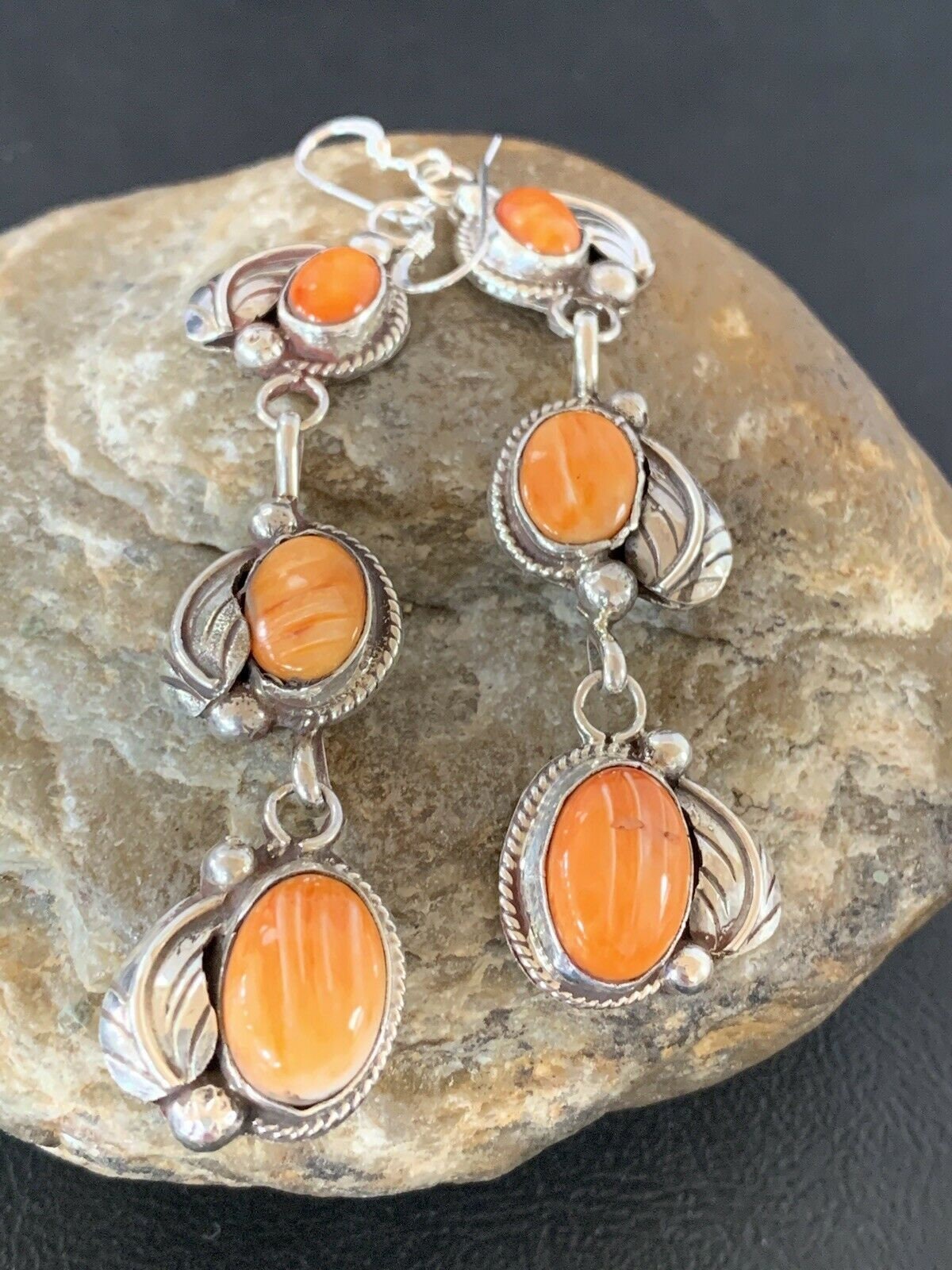 Stunning Handmade Navajo Orange Spiny Oyster Dangle Earrings | Sterling Silver | Authentic Native American | 1226