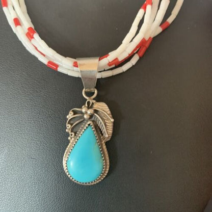 Navajo Red White Coral Turquoise Pendant | Sterling Silver Necklace 18" | Multi-Strand | 12056