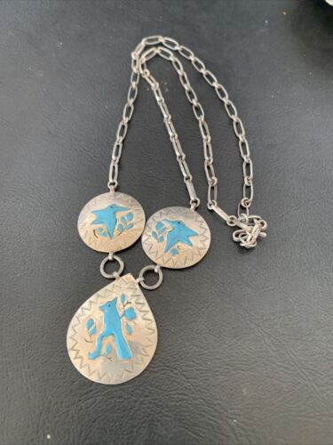Vintage Zuni Blue Turquoise Necklace Pendant | Sterling Silver | Old Pawn | Native American Handmade | 19" | 1715