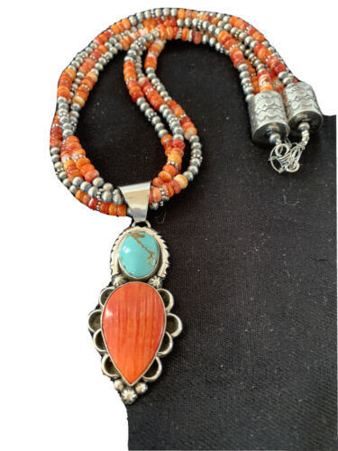 Navajo Pearl Necklace with Turquoise & Spiny Oyster Pendant | Sterling Silver | Multi-Strand | 1677