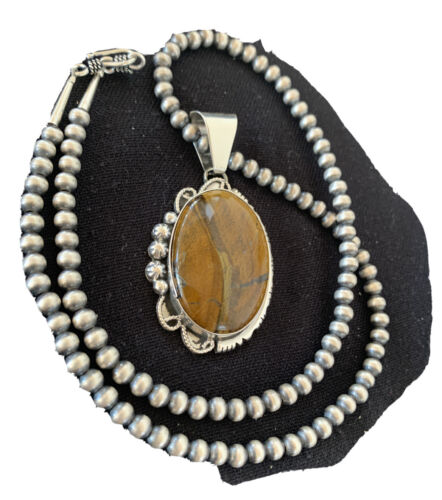 Men's Navajo Pearls Necklace | Sterling Silver | Coffee Tiger's Eye Pendant | Authentic Native American Handmade | 1541