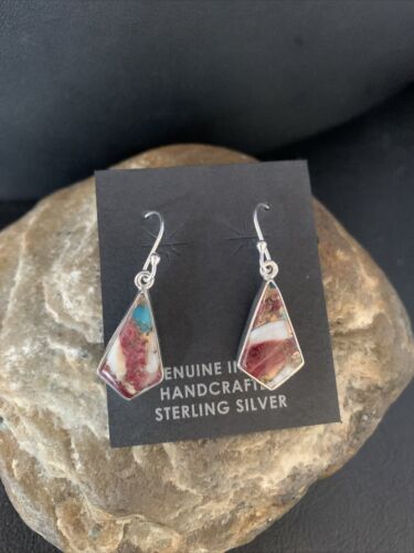 Navajo Purple Spiny Oyster Turquoise Dangle Earrings | Sterling Silver | Authentic Native American Handmade | 14082
