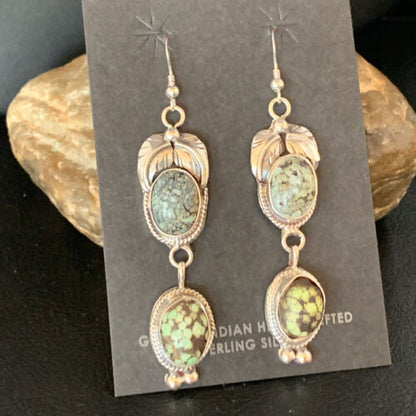 Navajo Green Spiderweb Turquoise Dangle Earrings | Sterling Silver | Authentic Native American Handmade | 13545
