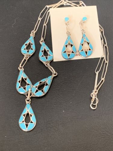 Southwestern Zuni Blue Turquoise Inlay Necklace | Sterling Silver | 19" | Native American Handmade | 11911