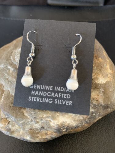 Navajo Sterling Silver White Moonstone Dangle Earrings | 0.50" | Authentic Native American Handmade | 13087