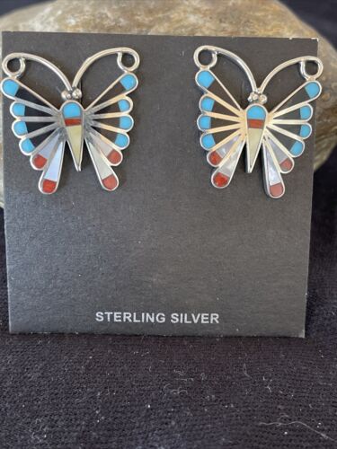 Native American Zuni Sterling Silver Inlay Earrings | Turquoise Coral Mother of Pearl | 1085