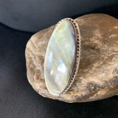 Native American Green Mother of Pearl Inlay Ring | Navajo Sterling Silver | Sz 7 | 12938 - Masha USA