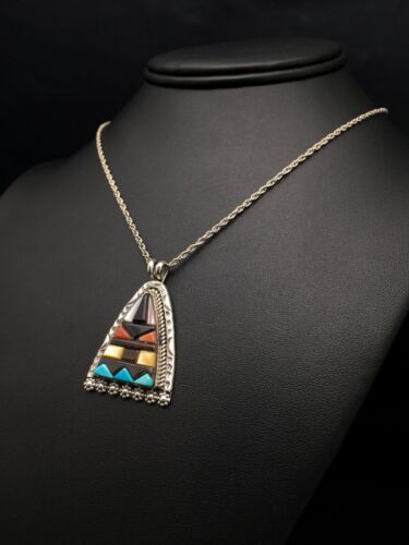 Navajo Multi-Color Turquoise Pendant Necklace | Sterling Silver | Authentic Native American Handmade | 20" | 4093