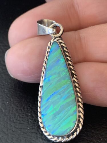 Native American Women's Navajo Green Faux Opal Pendant | Sterling Silver | 1.50" | 1392
