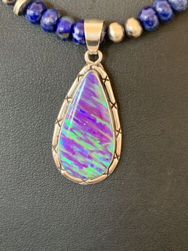 Southwestern Navajo Purple Opal Lapis Pendant Necklace | Sterling Silver | Authentic Native American Handmade | 00592