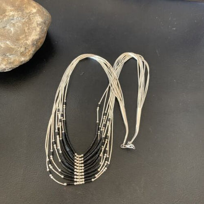 Navajo Black Onyx Liquid Silver Heishi Necklace | 10 Strand Sterling Tubes | Authentic Native American | 12298