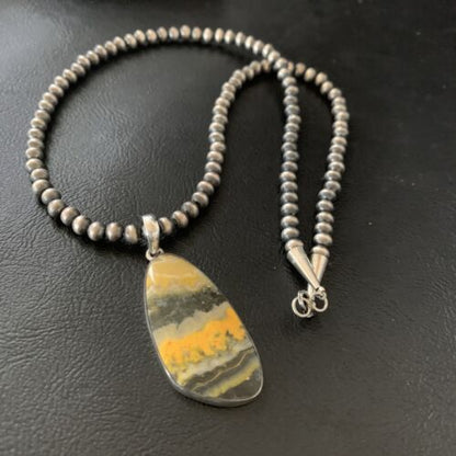 Navajo Yellow Bumblebee Jasper Pendant Necklace | Sterling Silver | Authentic Native American Handmade | 12808