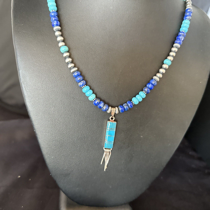 Navajo Blue Turquoise Lapis Necklace Inlay Pendant | Sterling Silver | Authentic Native American Handmade | 14637
