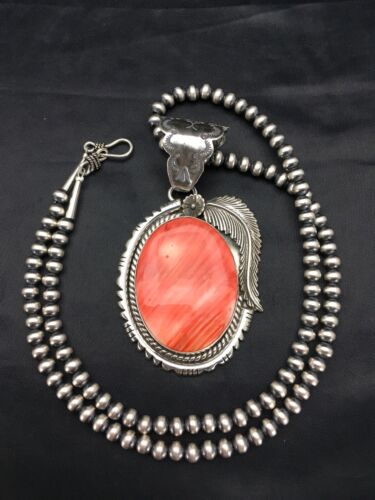 Navajo Red Spiny Oyster Pendant Necklace Set | Sterling Silver | Authentic Native American Handmade | Yazzie | 2879