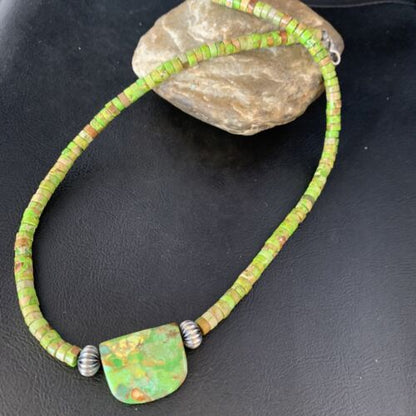 Navajo Green Gaspeite Turquoise Pendant | Sterling Silver | Authentic Native American Handmade | 13945