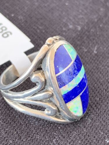 Southwestern Navajo Lapis & Opal Inlay Ring | Sterling Silver | Sz 7.5 | 1486