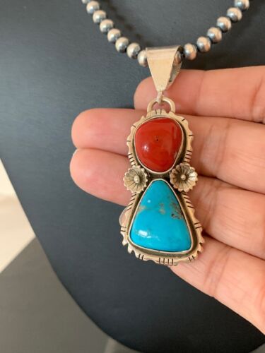 Navajo Kingman Turquoise, Coral, and Multi-Stone Pendant Necklace | Authentic Native American Sterling Silver | 2534