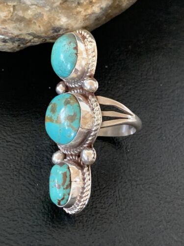 Navajo Sterling Silver Blue Turquoise Ring | 3-Stone | Sz 9 | Native American Handmade | 13615