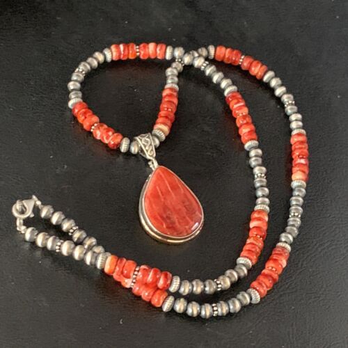 Navajo Red Spiny Oyster Necklace | Sterling Silver Pendant | Authentic Native American Handmade | Men's | 13815