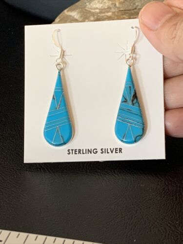 Navajo Sterling Silver Blue Turquoise Inlay Dangle Drop Earrings | 1.5" | Authentic Native American Handmade | 12311