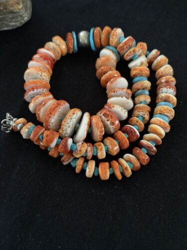 Navajo Pearls, Orange Spiny Oyster & Turquoise Necklace | Sterling Silver | Authentic Native American | 24"