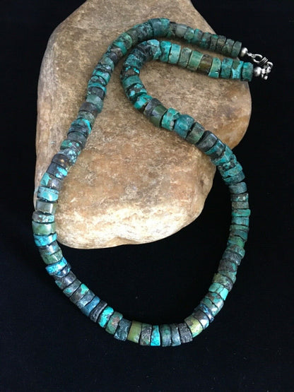 Navajo Blue Turquoise Heishi Necklace | Sterling Silver | Authentic Native American | 19" | 1754