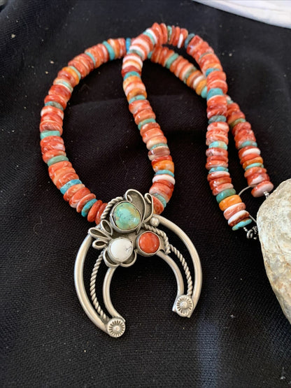 Navajo Pearls Sterling Silver Necklace | Red Spiny Oyster & Turquoise Naja Pendant | Authentic Native American Handmade