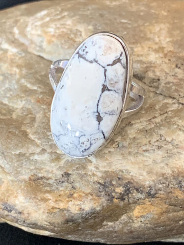 Navajo White Buffalo Turquoise Ring | Sterling Silver | Sz 8 | Authentic Native American Handmade | 01700