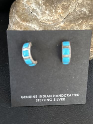 Navajo Blue Turquoise Inlay Earrings | Sterling Silver | 1" | Authentic Native American Handmade | 14776